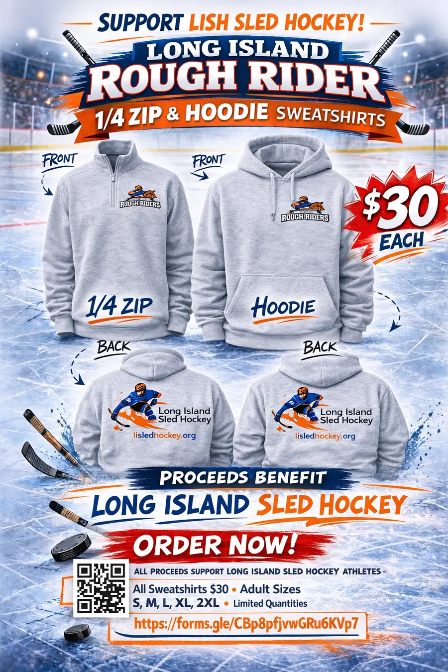 Long Island RoughRiders sweatshirt merch flyer — 1/4 zip and hoodie, $30 each